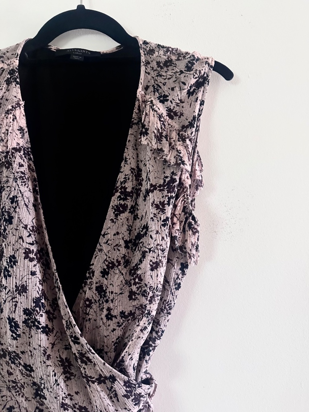 AllSaints Priya Petal Chiffon Ruffle Wrap Mini Dress Pink Black Size Large - Picture 4 of 5